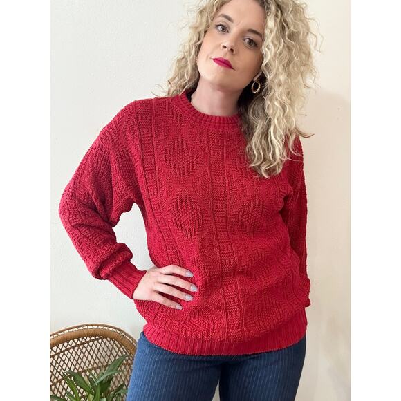 80’s Red Cotton Cable Knit Sweater size Medium - Picture 2 of 13